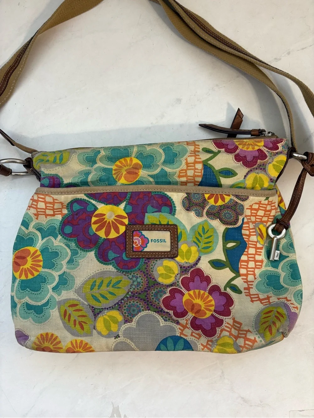 Fossil Multicolor Floral Print Canvas Crossbody Shoulder Bag Hippie Boho Gypsy